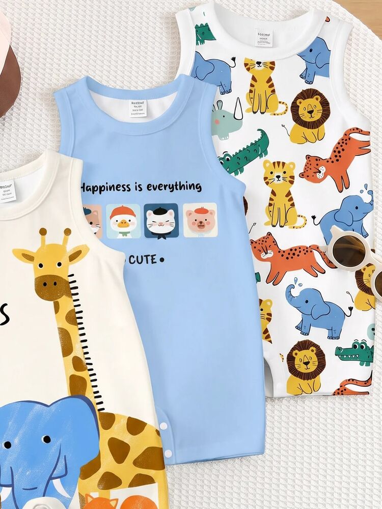 Unisex Newborn Baby Boy/Girl 3pcs Spring/Summer Casual Cute Lion Pattern Sleeveless Romper Shorts Set, Baby Rompers, Outfits, Baby Summer Clothes - Multicolor - View 5
