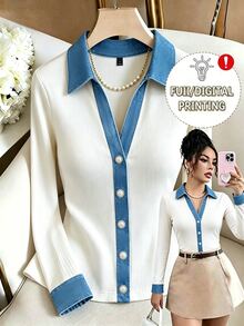 SHEIN Franclia ملابس علوية نسائية محبوكة بألوان خريفية متباينة مع ياقة V و طية صدر مضلعة، بأزرار أمامية وأكمام طويلة، بقصة ضيقة، تي شيرت كاجوال أنيق للارتداء اليومي والتنقل - أبيض - مشاهدة 2