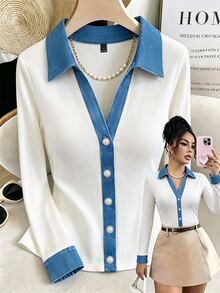 SHEIN Franclia ملابس علوية نسائية محبوكة بألوان خريفية متباينة مع ياقة V و طية صدر مضلعة، بأزرار أمامية وأكمام طويلة، بقصة ضيقة، تي شيرت كاجوال أنيق للارتداء اليومي والتنقل - أبيض - مشاهدة 5