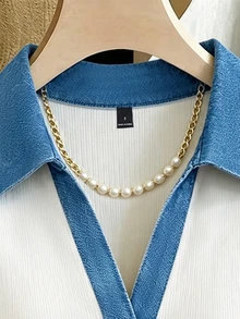 SHEIN Franclia ملابس علوية نسائية محبوكة بألوان خريفية متباينة مع ياقة V و طية صدر مضلعة، بأزرار أمامية وأكمام طويلة، بقصة ضيقة، تي شيرت كاجوال أنيق للارتداء اليومي والتنقل - أبيض - مشاهدة 7