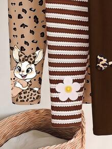 Seriously, 4 Pieces, Cute Sweet Maillard Color Leopard Print Cartoon Rabbit, Striped, Heart Bow Leopard Print, Baby Girl Bottoms, Outdoor Picnic, Outing, Street Style, Chill Chill - Multicolor - View 5