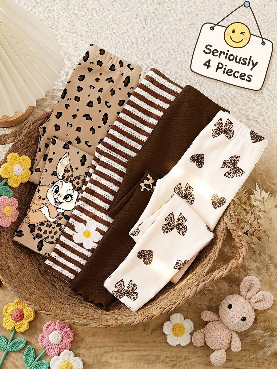 Seriously, 4 Pieces, Cute Sweet Maillard Color Leopard Print Cartoon Rabbit, Striped, Heart Bow Leopard Print, Baby Girl Bottoms, Outdoor Picnic, Outing, Street Style, Chill Chill - Multicolor - View 1