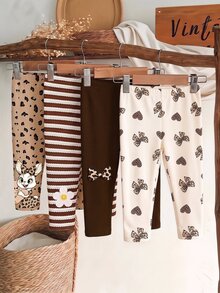 Seriously, 4 Pieces, Cute Sweet Maillard Color Leopard Print Cartoon Rabbit, Striped, Heart Bow Leopard Print, Baby Girl Bottoms, Outdoor Picnic, Outing, Street Style, Chill Chill - Multicolor - View 2