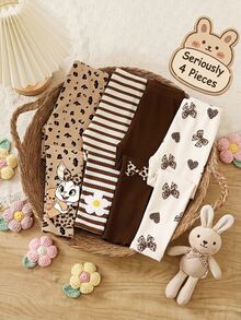 Seriously, 4 Pieces, Cute Sweet Maillard Color Leopard Print Cartoon Rabbit, Striped, Heart Bow Leopard Print, Baby Girl Bottoms, Outdoor Picnic, Outing, Street Style, Chill Chill - Multicolor - View 4