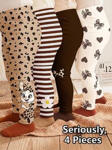 Seriously, 4 Pieces, Cute Sweet Maillard Color Leopard Print Cartoon Rabbit, Striped, Heart Bow Leopard Print, Baby Girl Bottoms, Outdoor Picnic, Outing, Street Style, Chill Chill - Multicolor - View 3
