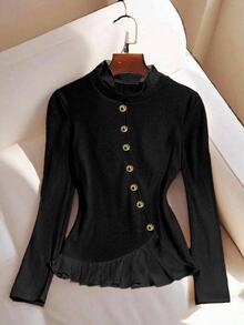 Franclia Women's Solid Color Elegant Contrast Color Long Sleeve T-Shirt, Autumn - Black - View 4