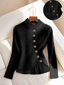 Franclia Women's Solid Color Elegant Contrast Color Long Sleeve T-Shirt, Autumn - Black - View 2