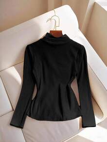 Franclia Women's Solid Color Elegant Contrast Color Long Sleeve T-Shirt, Autumn - Black - View 3