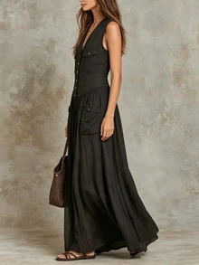 Glimmora Women's Vintage Long Solid Color Pocket Button Half-Open Front Dress - Black - View 4