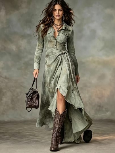 Glimmora Women's Fashion Vintage Asymmetrical Tie Half-Open Front Single-Breasted Long Sleeve Dress, Autumn/Winter