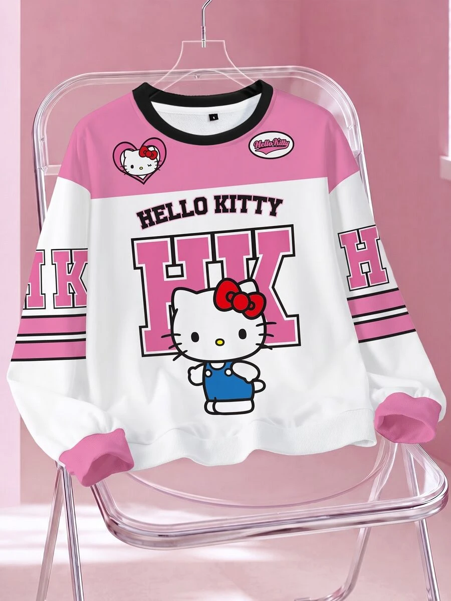 HELLO KITTY AND FRIENDS | SHEIN Sweatshirt Lengan Panjang Leher Bulat Motif Kartun Kasual Wanita - Putih - View 1