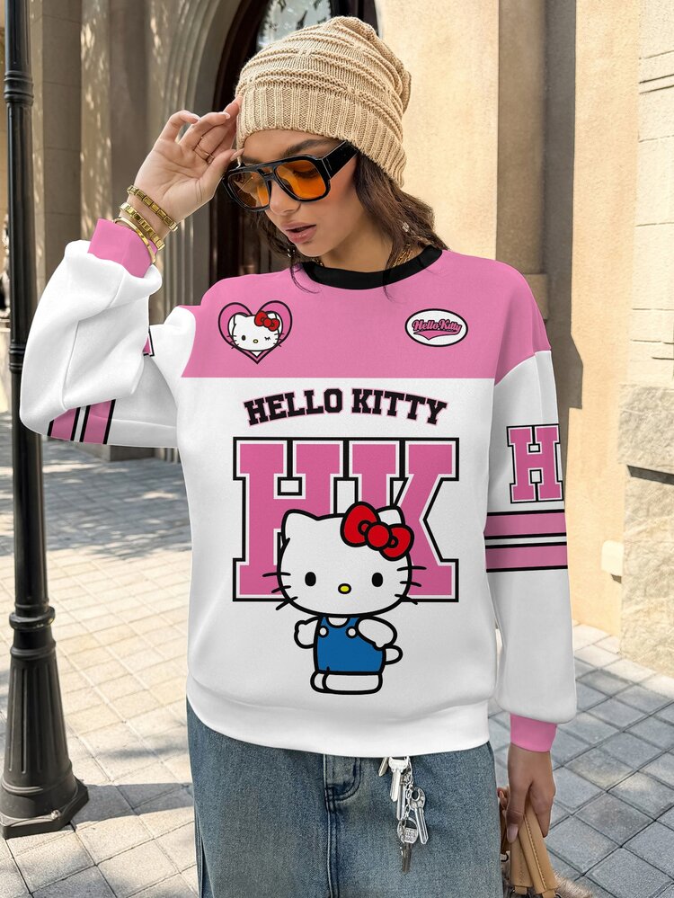 HELLO KITTY AND FRIENDS | SHEIN 女款休閒卡通印花圓領長袖運動衫 - 白色 - 查看 4