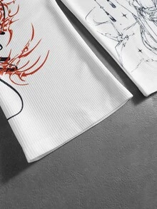 ROMWE MEN Street Life 男士鉚釘裝飾印花圖案華夫格面料長袖T恤街頭復古風 - 白色 - 查看 5