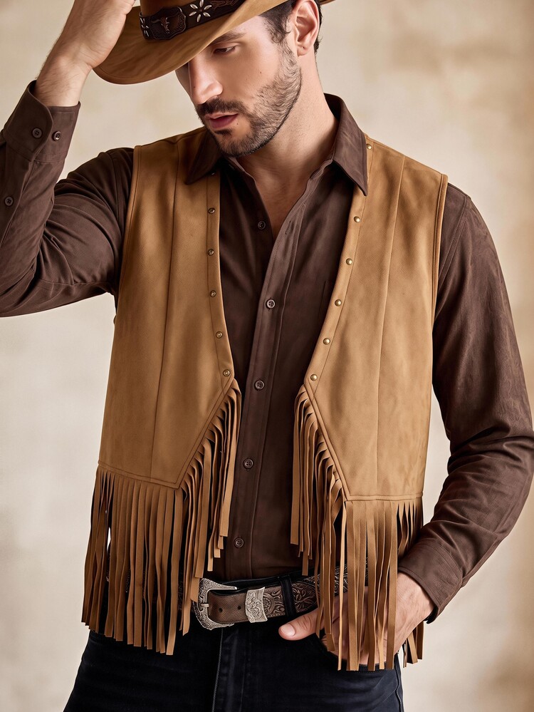 HIMLAND Men's Woven Fashion Daily Casual Cowboy Vintage Shades Of Brown Elegant Fitted Jacket Tassel Vest Halloween Concert Vacation Autumn, Streetwear, Suede Air Layer Jacket, Utility Jacket, Streetwear - Brown - View 1