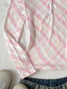 SHEIN 青少年女孩秋冬休閒學院風奶油多巴胺配色粉色針織格紋圓領半開扣長袖修身正裝T恤，Y2K年輕時尚穿搭，適合返校季 - 粉色 - 查看 7