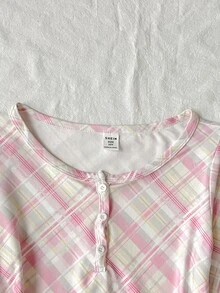 SHEIN 青少年女孩秋冬休閒學院風奶油多巴胺配色粉色針織格紋圓領半開扣長袖修身正裝T恤，Y2K年輕時尚穿搭，適合返校季 - 粉色 - 查看 6