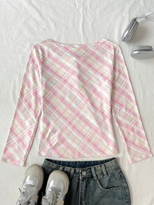 SHEIN 青少年女孩秋冬休閒學院風奶油多巴胺配色粉色針織格紋圓領半開扣長袖修身正裝T恤，Y2K年輕時尚穿搭，適合返校季 - 粉色 - 查看 5