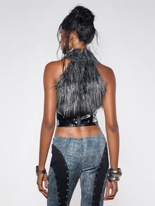 MUSERA Black Contrast Faux Fur Corset Detail Top Fall Winter Halloween Sexy Going Out Y2k - Black - View 4