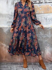 EMERY ROSE Vestido midi de mujer casual de otoño con estampado botánico y cuello con muesca - Multicolor - Ver 4