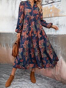 EMERY ROSE Vestido midi de mujer casual de otoño con estampado botánico y cuello con muesca - Multicolor - Ver 1
