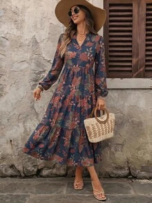 EMERY ROSE Vestido midi de mujer casual de otoño con estampado botánico y cuello con muesca - Multicolor - Ver 5