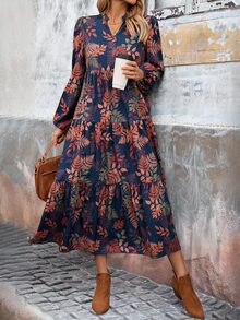 EMERY ROSE Vestido midi de mujer casual de otoño con estampado botánico y cuello con muesca - Multicolor - Ver 3