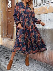 EMERY ROSE Vestido midi de mujer casual de otoño con estampado botánico y cuello con muesca - Multicolor - Ver 6