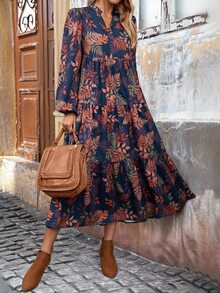 EMERY ROSE Vestido midi de mujer casual de otoño con estampado botánico y cuello con muesca - Multicolor - Ver 7