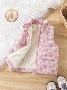 SHEIN 女嬰粉色愛心印花保暖內裡加厚立領拉鍊背心，可愛內搭/外穿棉墊背心 - 粉色 - 查看 7