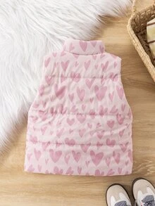 SHEIN 女嬰粉色愛心印花保暖內裡加厚立領拉鍊背心，可愛內搭/外穿棉墊背心 - 粉色 - 查看 2