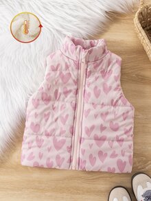 SHEIN 女嬰粉色愛心印花保暖內裡加厚立領拉鍊背心，可愛內搭/外穿棉墊背心 - 粉色 - 查看 3