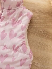 SHEIN 女嬰粉色愛心印花保暖內裡加厚立領拉鍊背心，可愛內搭/外穿棉墊背心 - 粉色 - 查看 4