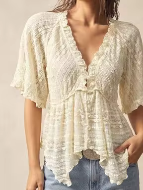 Bohemela Casual Boho Solid Color Knit Lace V-Neck Short Sleeve Loose Fit Women's Top Vacation White Summer