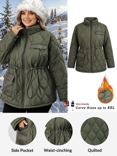 SHEIN CURVE+ Veste matelassée à manches longues avec taille cintrée vert armée pour femmes grandes tailles - Manteau matelassé vert automne/hiver