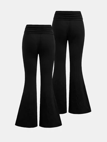 SHEIN Girlism Kids Teen Girls Pants 2PCS Autumn Black Solid-Color Knit Flared Casual Pants (With Pleat Details), Back To School, Fall - Black - View 2
