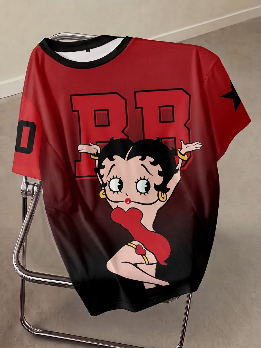 Betty Boop x SHEIN Plus Size Cartoon Print Round Neck Short Sleeve T-Shirt - White - View 1