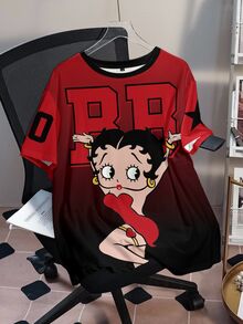 Betty Boop x SHEIN Plus Size Cartoon Print Round Neck Short Sleeve T-Shirt - White - View 3