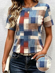 EMERY ROSE Women's Regular Fit T-Shirt, Multi-Color Contrast Print Pattern Design, Casual Vacation Wear, Comfortable Fabric, Daily, Travel, Commute, Fitted Style - White - View 3