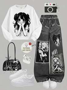 SHEIN 青少年女孩連帽衫與運動衫套裝 秋冬新款 白色街頭時尚塗鴉卡通圖案針織圓領寬鬆運動衫套組 - 黑與白 - 查看 4