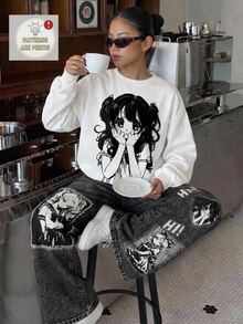 SHEIN 青少年女孩連帽衫與運動衫套裝 秋冬新款 白色街頭時尚塗鴉卡通圖案針織圓領寬鬆運動衫套組 - 黑與白 - 查看 3