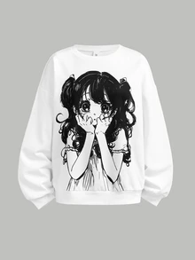 SHEIN 青少年女孩連帽衫與運動衫套裝 秋冬新款 白色街頭時尚塗鴉卡通圖案針織圓領寬鬆運動衫套組 - 黑與白 - 查看 9