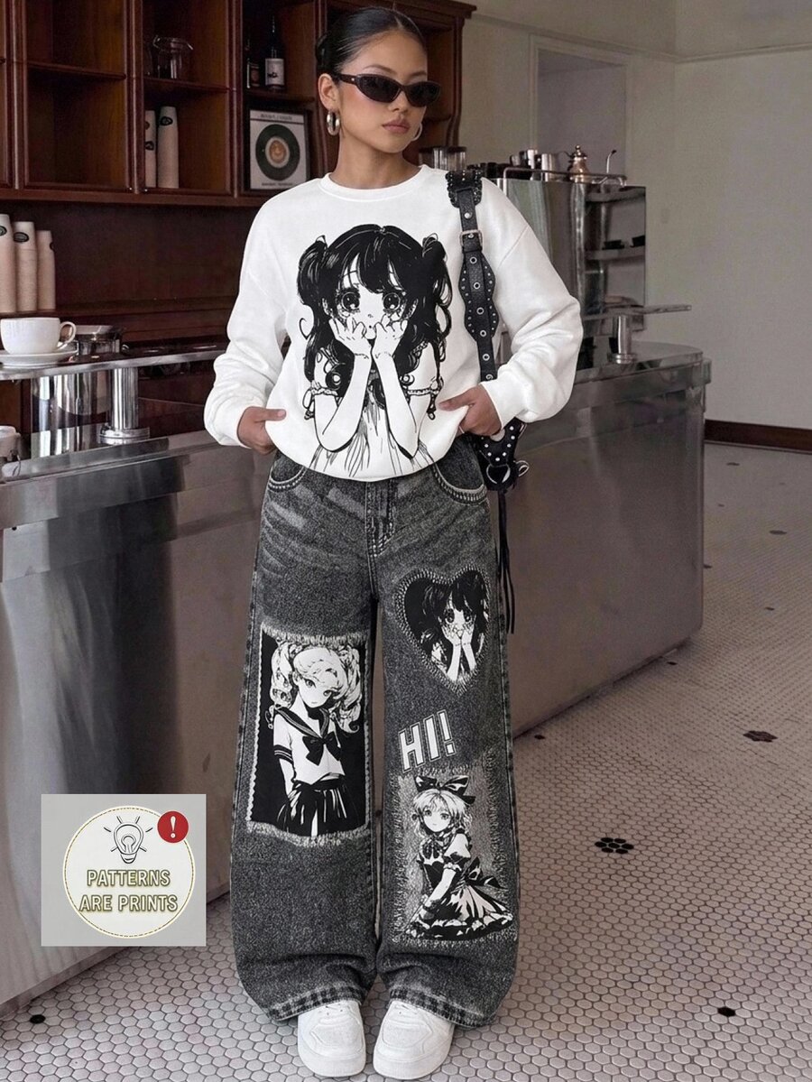 SHEIN 青少年女孩連帽衫與運動衫套裝 秋冬新款 白色街頭時尚塗鴉卡通圖案針織圓領寬鬆運動衫套組 - 黑與白 - 查看 1