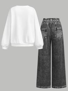 SHEIN 青少年女孩連帽衫與運動衫套裝 秋冬新款 白色街頭時尚塗鴉卡通圖案針織圓領寬鬆運動衫套組 - 黑與白 - 查看 2