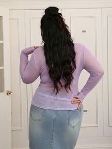 CovetEZ Plus-Size Women's Black Sexy See-Through Lace Top, Suitable For Layering Or Wearing Alone. - Purple - View 2