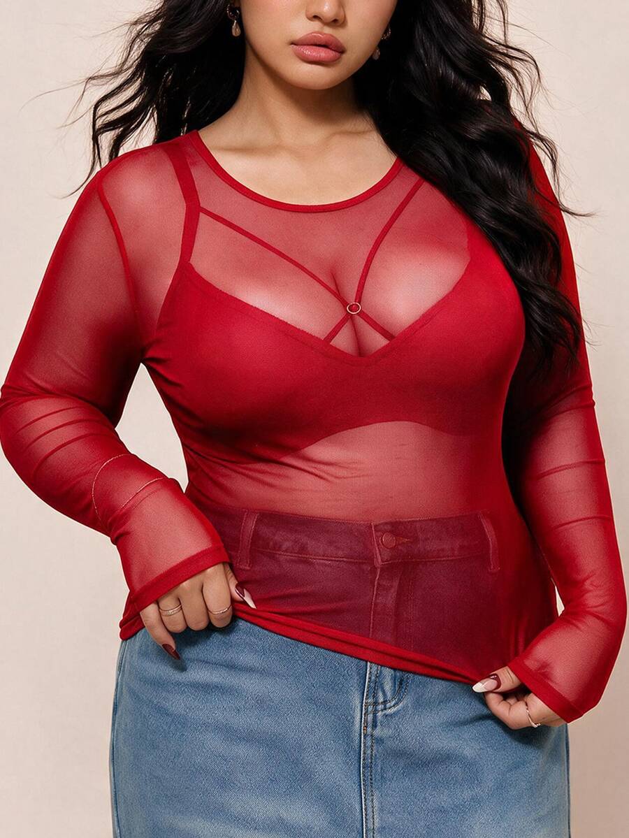 CovetEZ Plus-Size Women's Black Sexy See-Through Lace Top, Suitable For Layering Or Wearing Alone. - Red - View 1