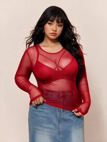CovetEZ Plus-Size Women's Black Sexy See-Through Lace Top, Suitable For Layering Or Wearing Alone. - Red - View 6