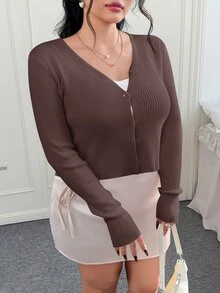 CovetEZ Plus Size Lightweight Knit Air Conditioning Cardigan Brown Autumn Spring Winter Office Formal Business Casual Soft Form - Brown - View 4