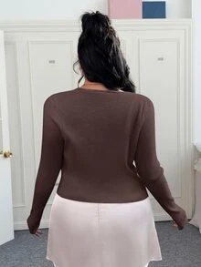 CovetEZ Plus Size Lightweight Knit Air Conditioning Cardigan Brown Autumn Spring Winter Office Formal Business Casual Soft Form - Brown - View 2