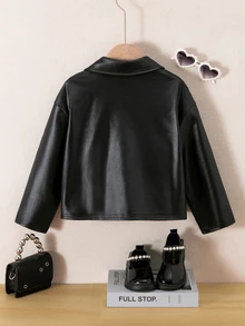 SHEIN 少女編織素色PU皮革休閒秋季夾克 - 彩色 - 查看 7