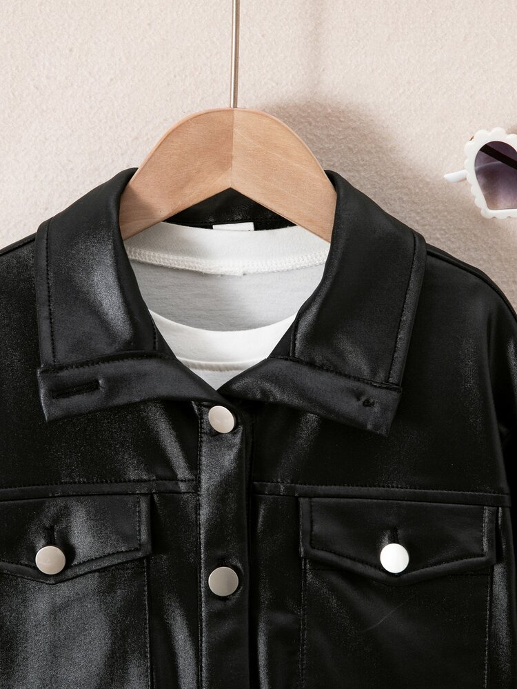 SHEIN Young Girl Woven Solid Young Girl Color PU Leather Casual Autumn Jacket - Multicolor - View 9